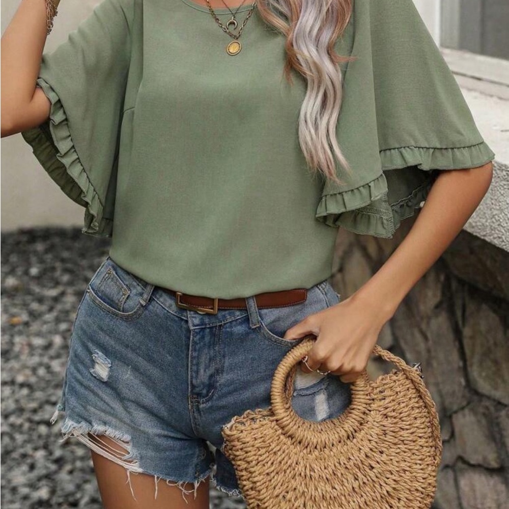SHEIN Olive Ruffle Sleeve Blouse